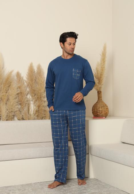 Pijama Barbati ,Maneca si Pantaloni Lungi, Culoare Albastru cu Crem,Engros
